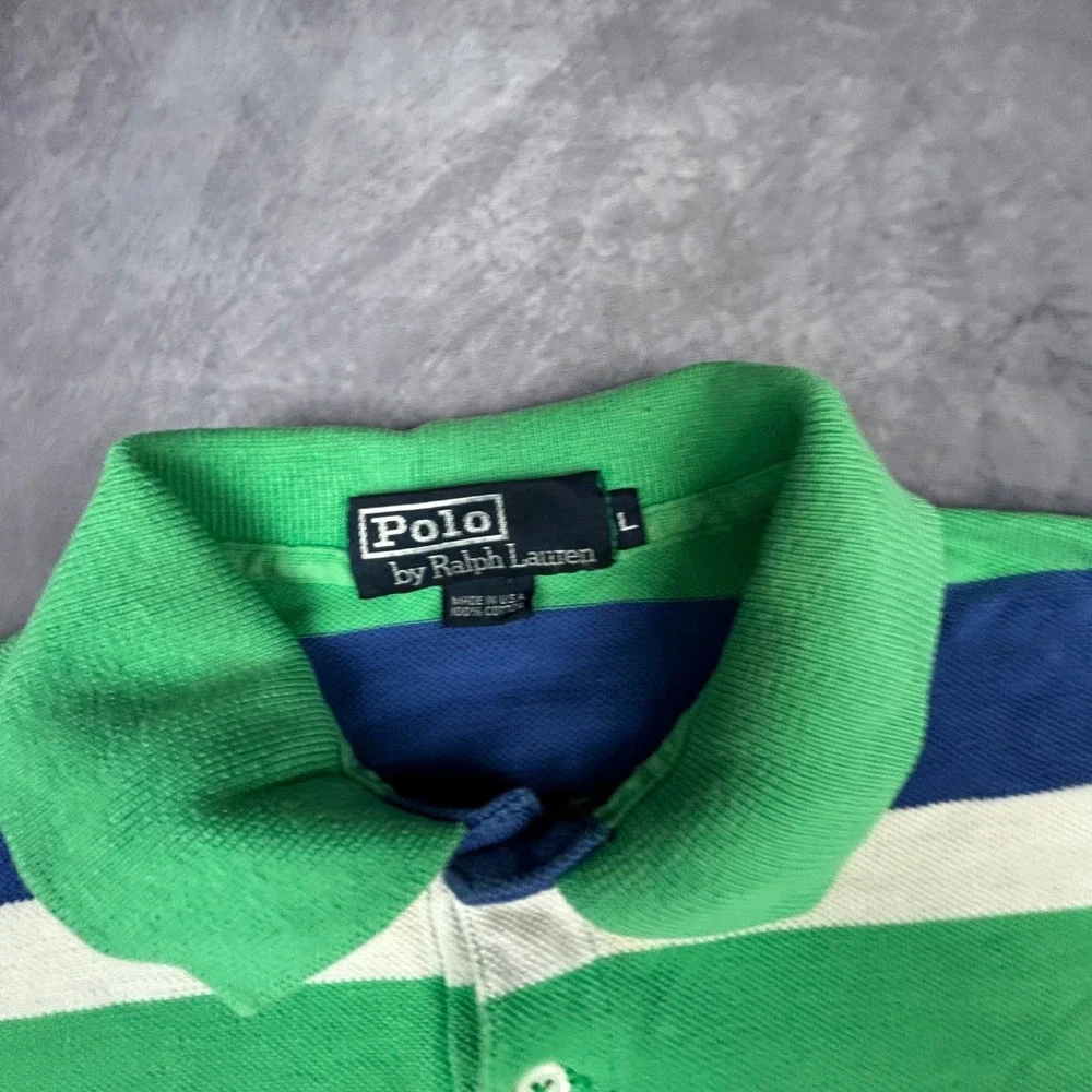Vintage 90s Polo Ralph Lauren Striped Polo Shirt Green Blue Pink Mens Large L